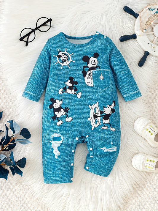 Boys' Trendy Cartoon Mouse Long-Sleeve Romper