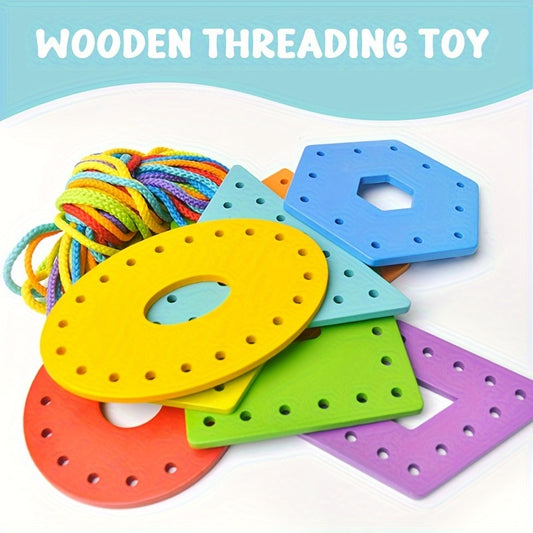 Wooden Threading Geometric Shape Colorful Lacing Boards,