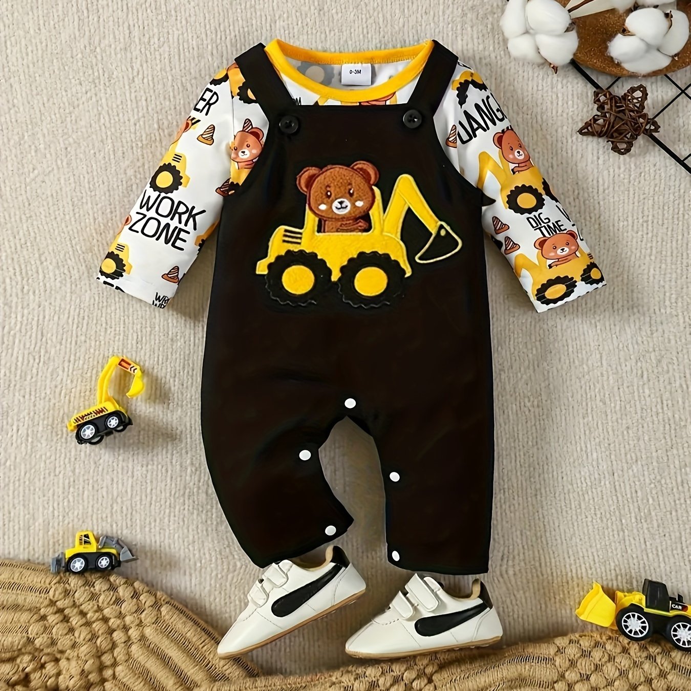 Cartoon Bear On Excavator Embroidery Suspender Pants With Matching Long Sleeve T-shirt,