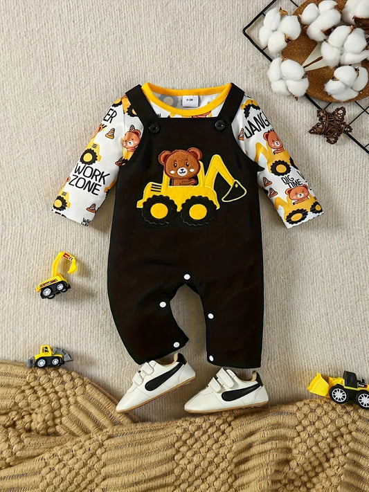 Cartoon Bear On Excavator Embroidery Suspender Pants With Matching Long Sleeve T-shirt,