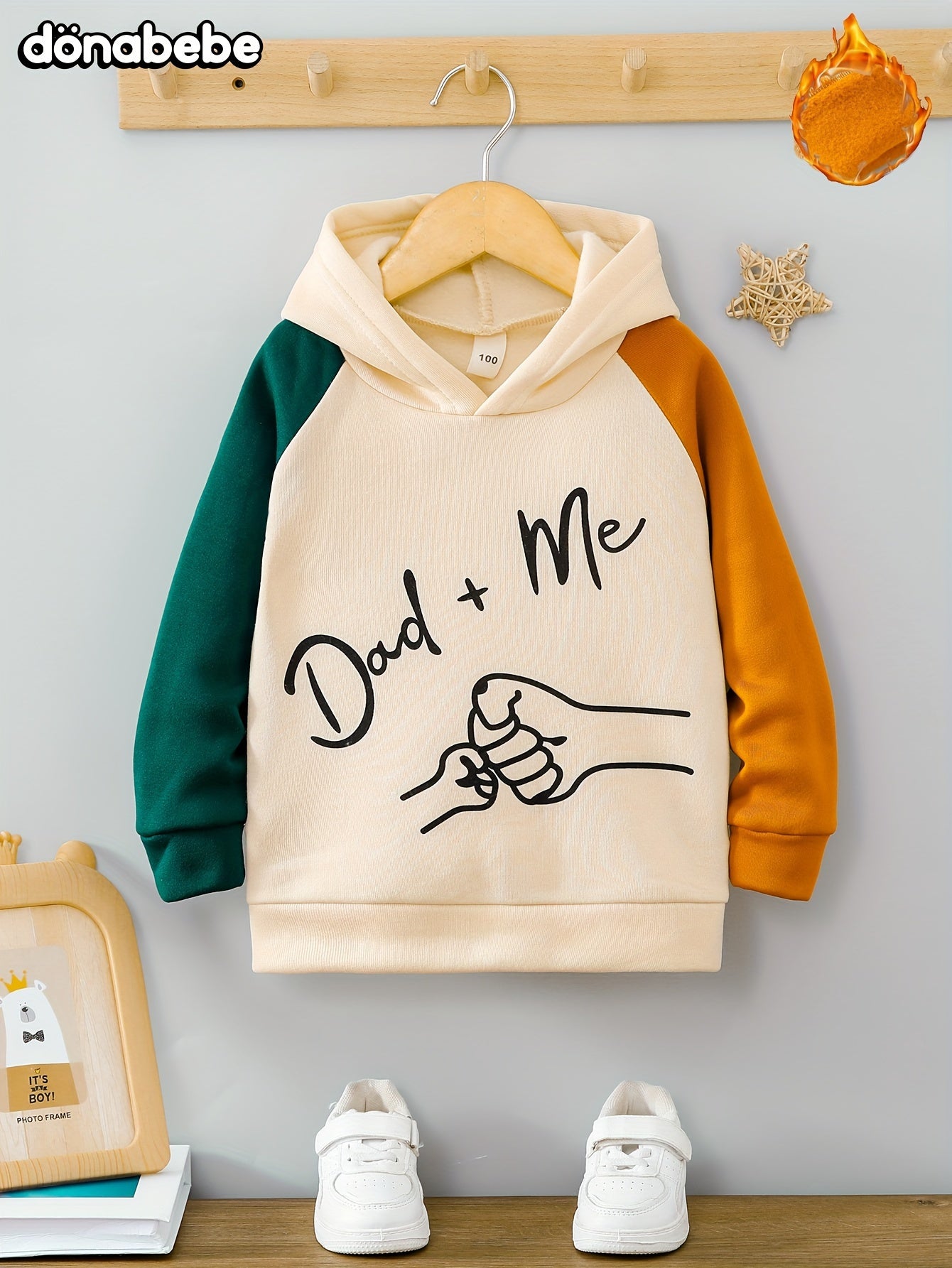 Dad+Me" Boys' Hoodie - Color Block, Long Sleeve Pullover for Ages 3-10 | Casual & Sporty Fall/Winter Top, Letter Pattern, Round Neck, Single Piece