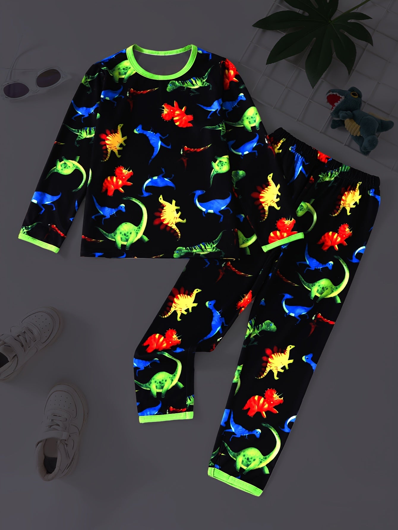 Trendy Colorful Dinosaur Print Round Neck Long Sleeve T-shirts & Trousers