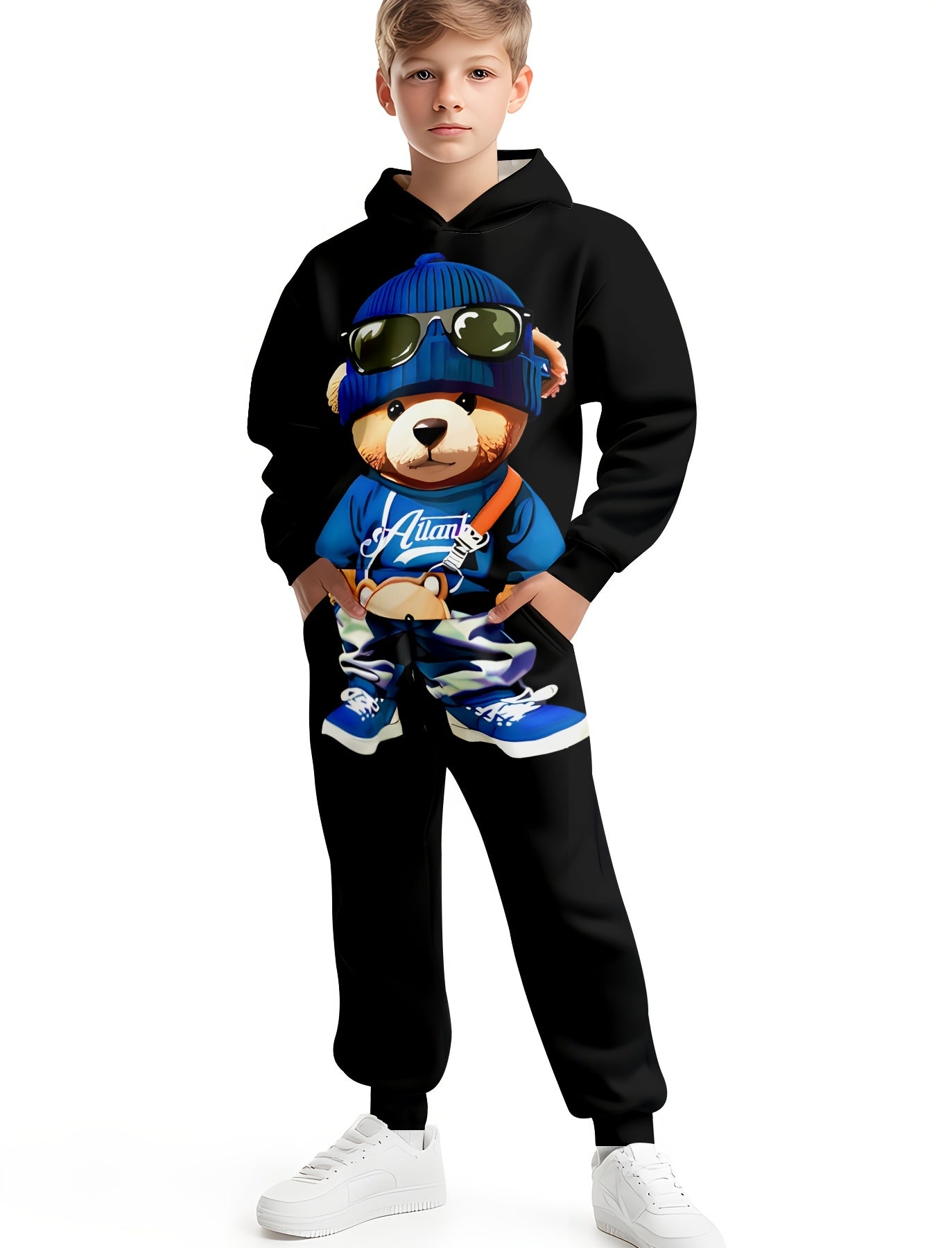 1set Boys' Casual 3D Print Hoodie and Sweatpants Set,