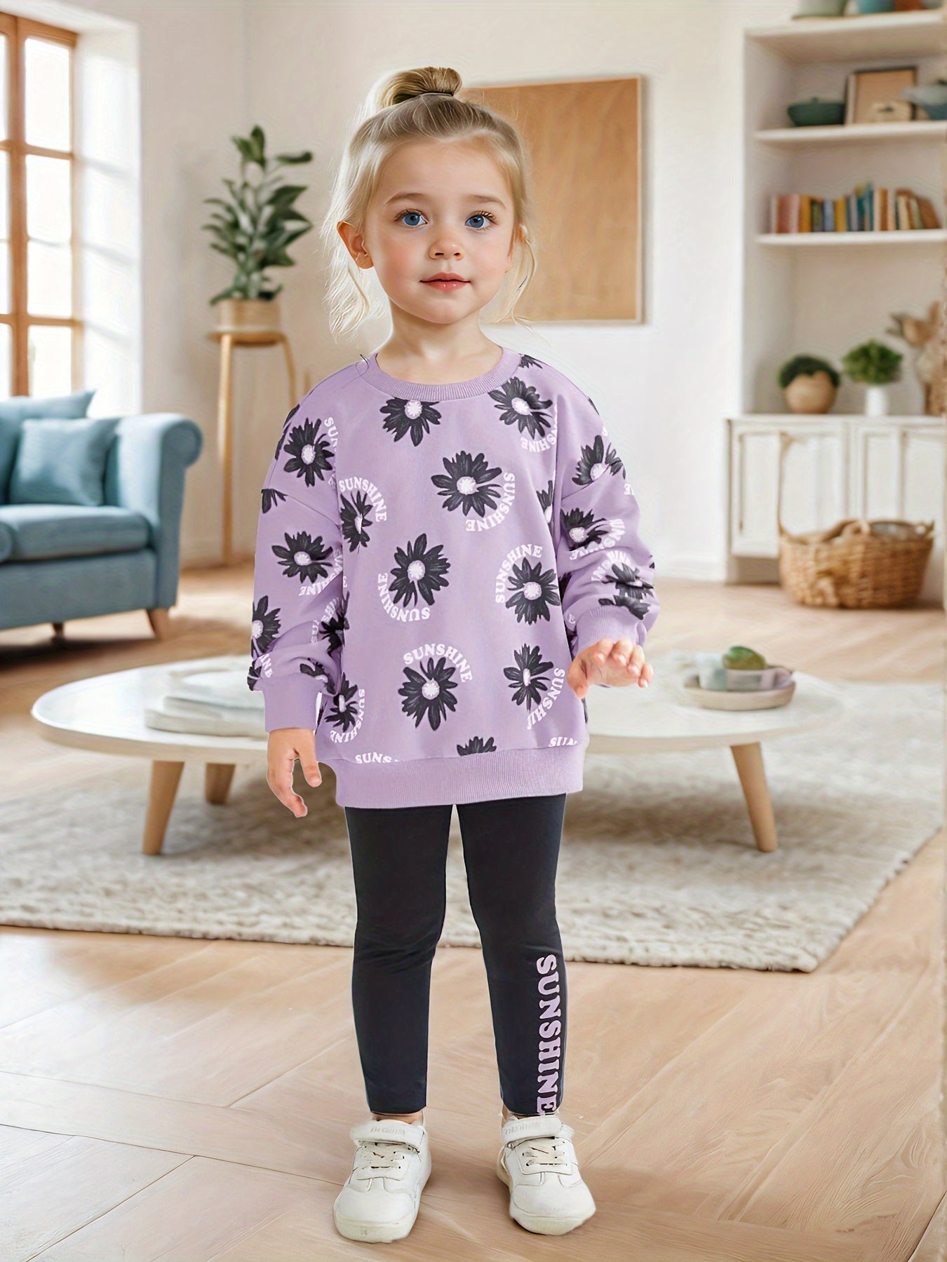 Girls' Floral Print Long Sleeve Hoodie & Leggings Set -