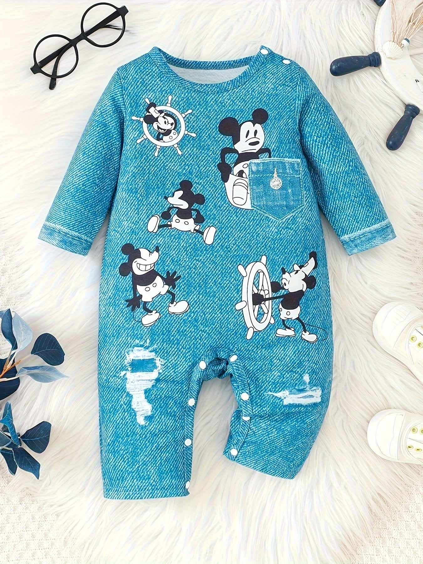 Boys' Trendy Cartoon Mouse Long-Sleeve Romper