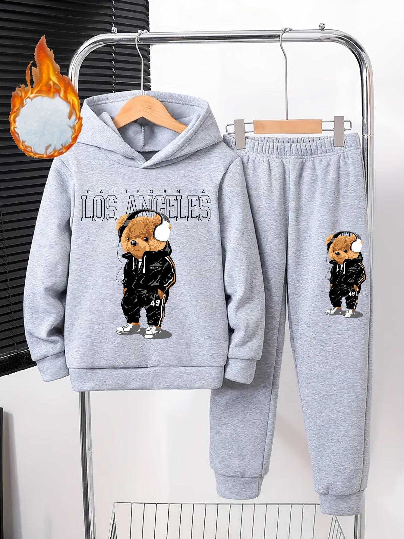 Boys' Cozy Fleece-Lined Hoodie & Joggers Set with Cool Cartoon Bear Print -