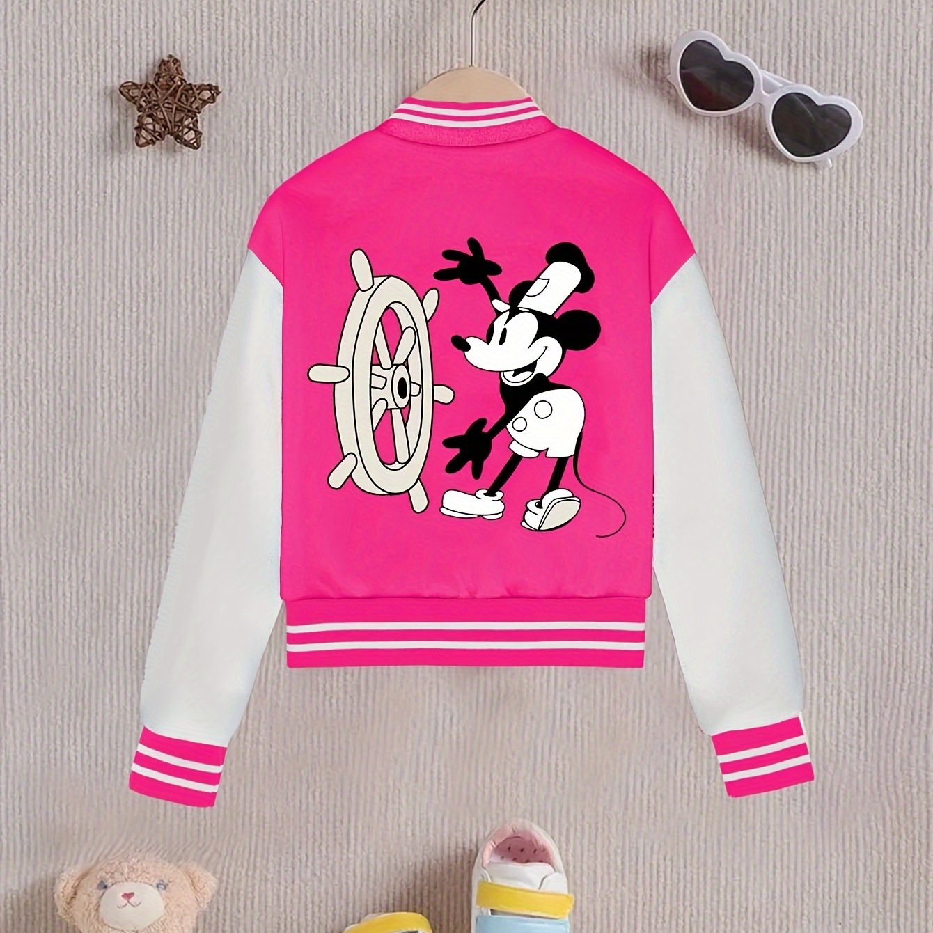 Chic Girls' Mickey Print Color Block Varsity Jacket - Casual Baseball Collar, Machine Washable - Perfect for Fall/Winter