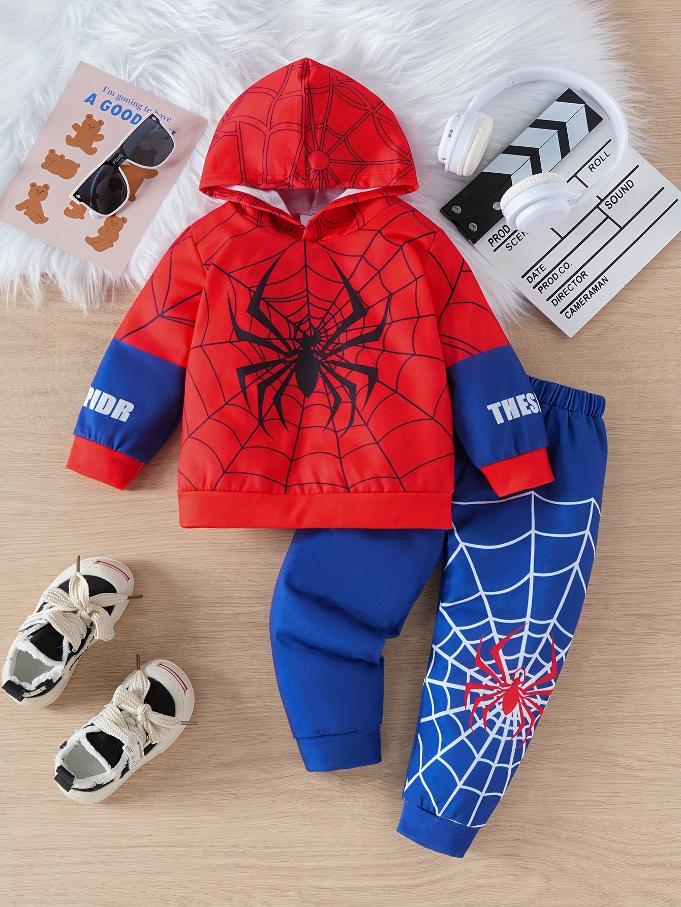 Boy's Spider Print Hooded Long Sleeve Sweatshirt And Pants Set –