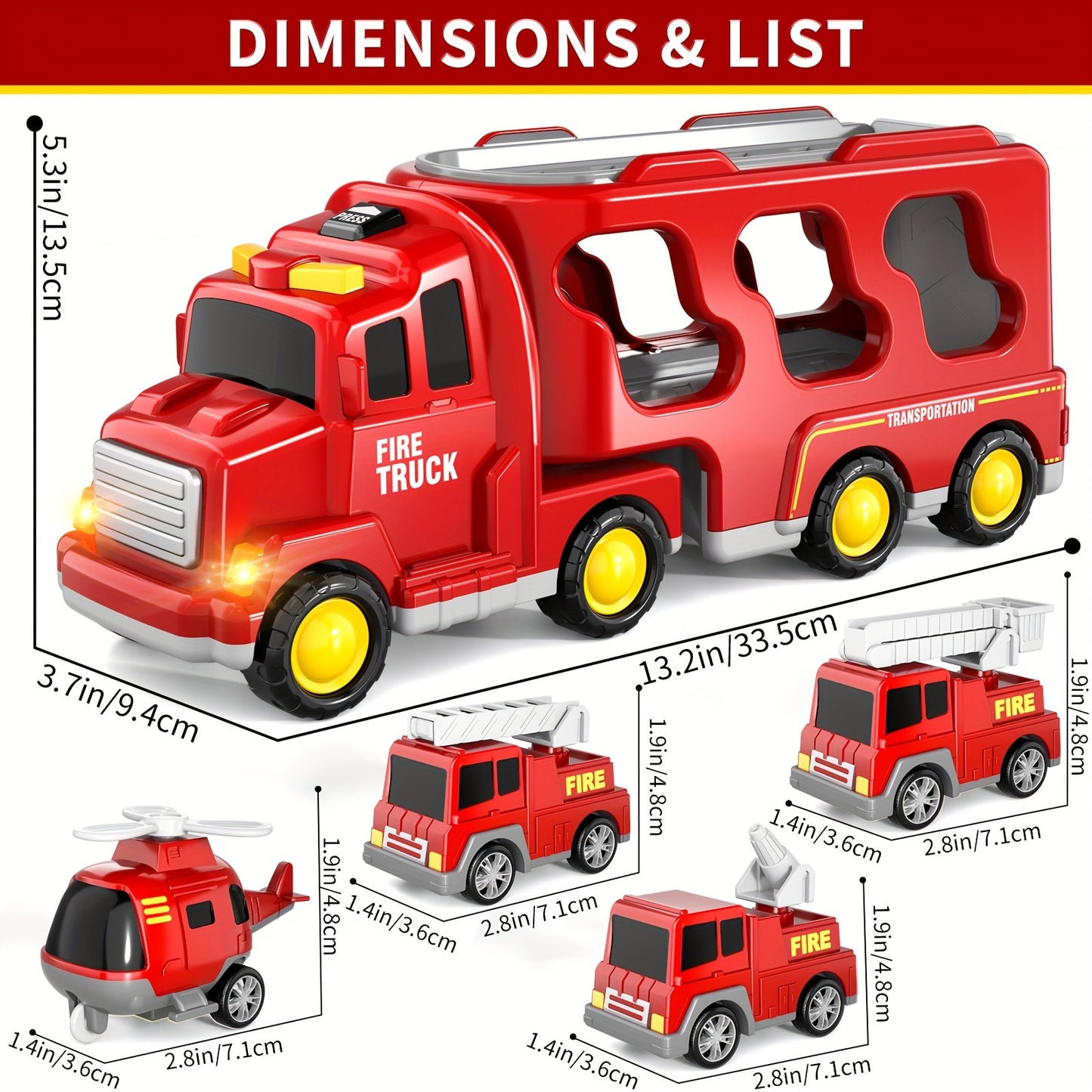 Fire Truck Toys  Boys, 5 In 1 Kids Carrier Fire Trucks Cars