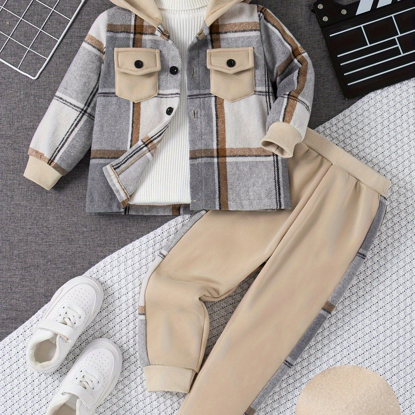 Boys' Casual Plaid Hoodie & Joggers Set -