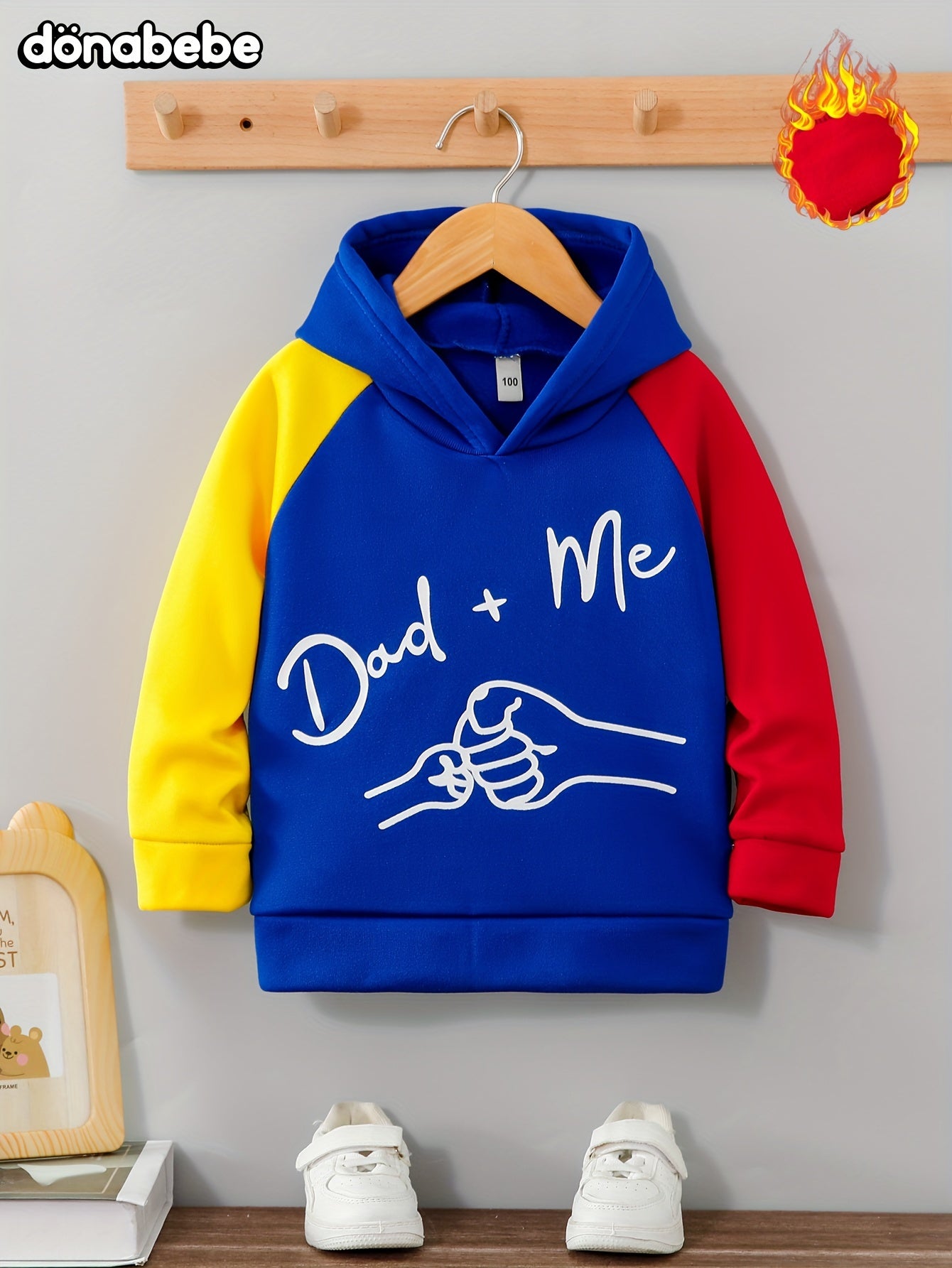 Dad+Me" Boys' Hoodie - Color Block, Long Sleeve Pullover for Ages 3-10 | Casual & Sporty Fall/Winter Top, Letter Pattern, Round Neck, Single Piece