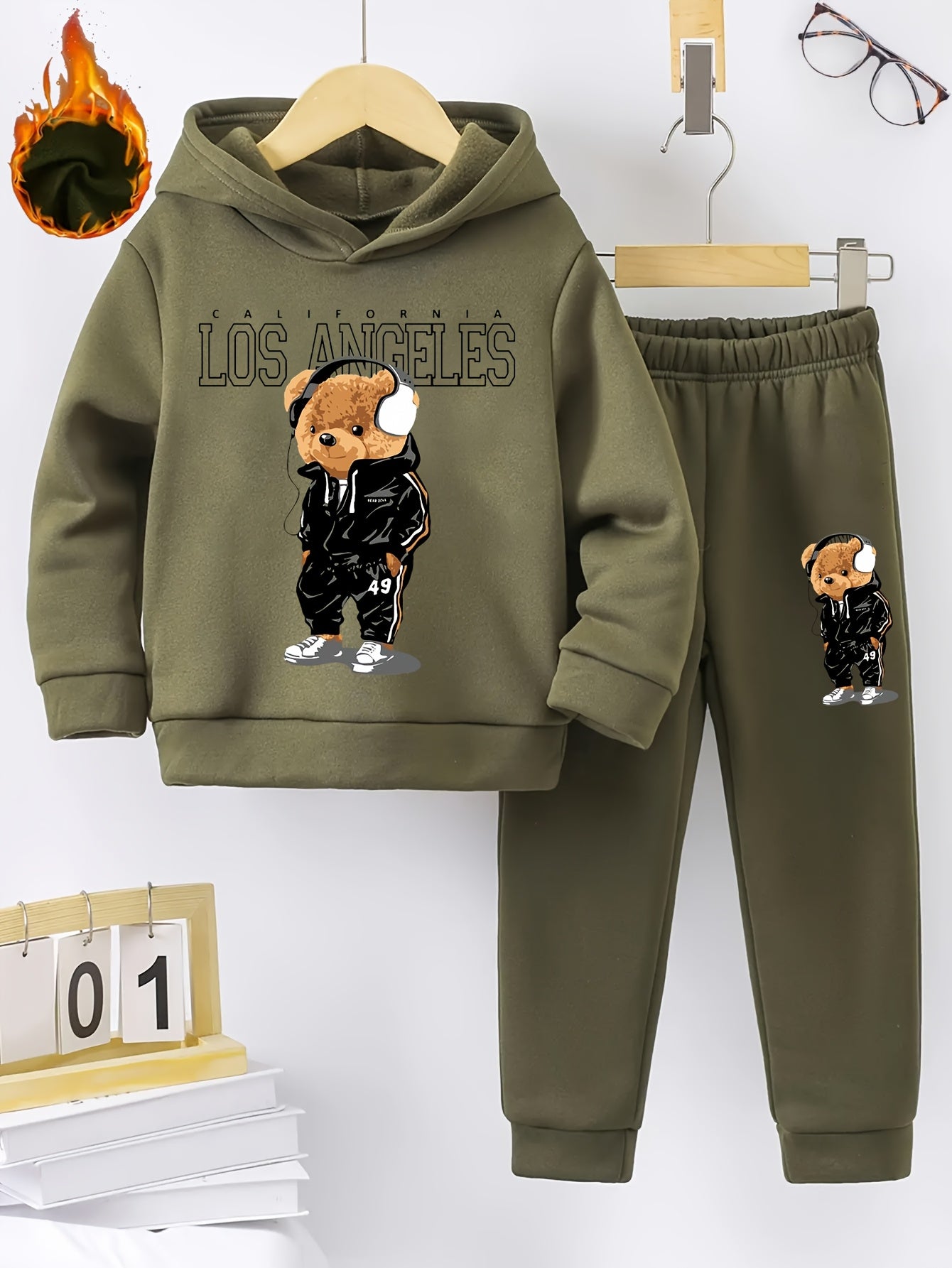 Boys' Cozy Fleece-Lined Hoodie & Joggers Set with Cool Cartoon Bear Print -