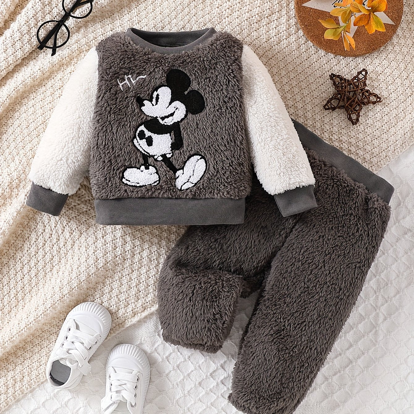 JOPGEEY Boys Toddler Set, 2-Piece Cartoon Towel Embroidery Plush Warm Knit Pullover with Round Neck and Long Sleeves, Matching Pants, Winter Baby Outfit, For Outdoor