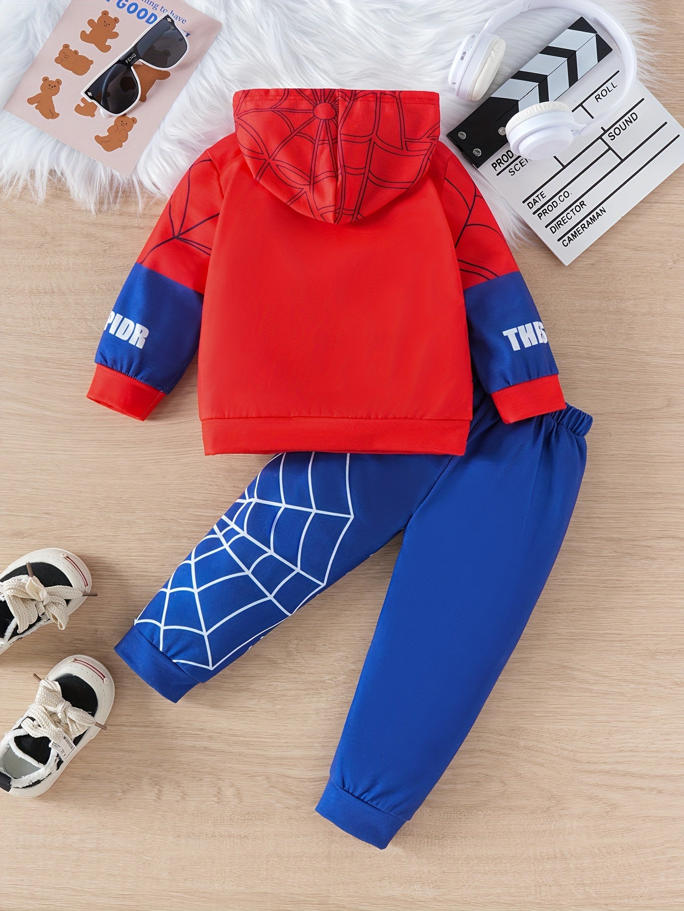 Boy's Spider Print Hooded Long Sleeve Sweatshirt And Pants Set –