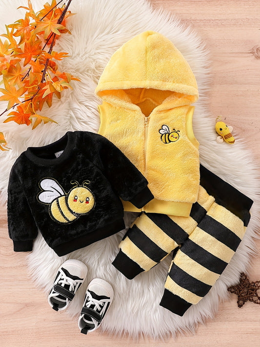 3pcs Baby's  Warm Fuzzy Sweatshirt & Hooded Vest & Casual Striped Pants