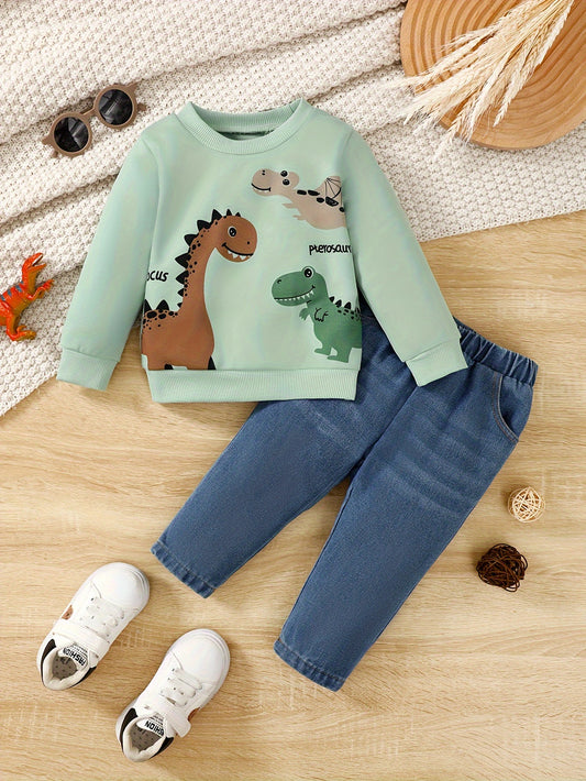 2pcs Baby's Cartoon Dinosaur Print Sweatshirt & Casual Jeans,