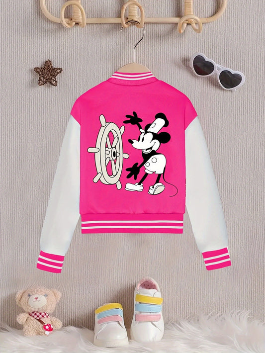 Chic Girls' Mickey Print Color Block Varsity Jacket - Casual Baseball Collar, Machine Washable - Perfect for Fall/Winter