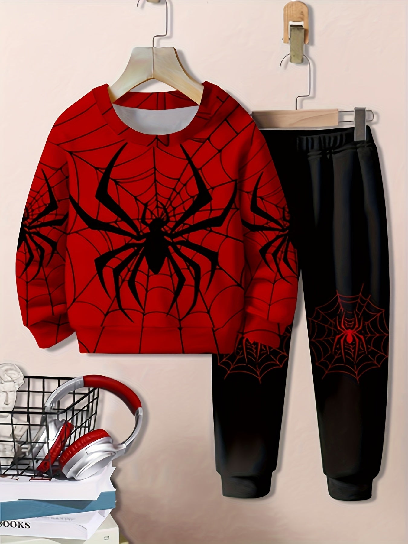 Boys Spider Print Twill Sweatshirt Long Sleeve Trousers Daily Set,