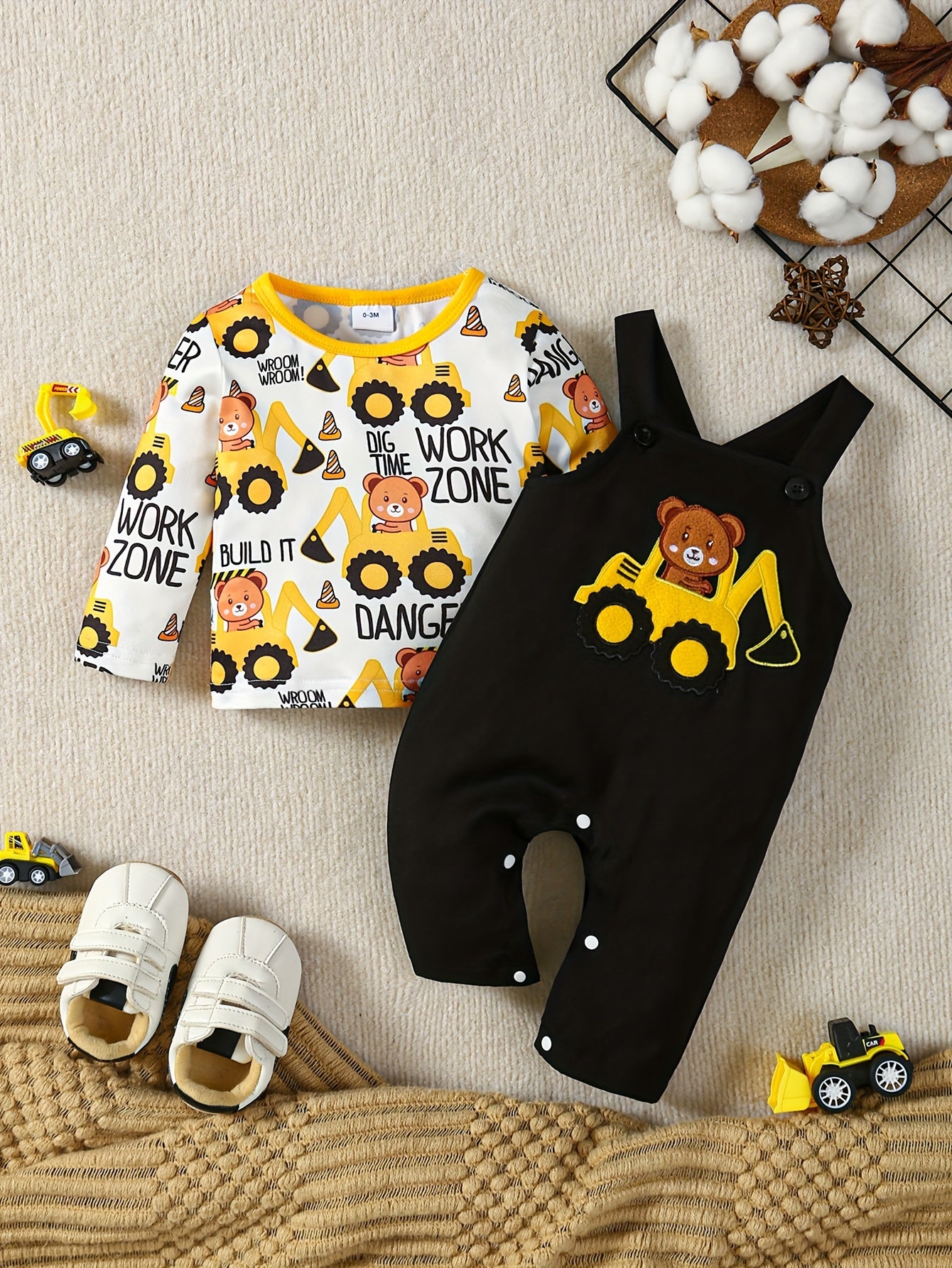 Cartoon Bear On Excavator Embroidery Suspender Pants With Matching Long Sleeve T-shirt,