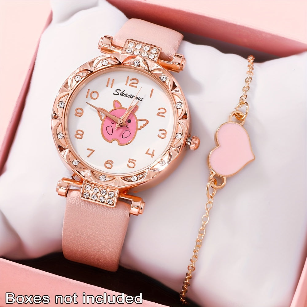 Pink Angel Pig Theme 2pc Watch Set - with Heart Charm