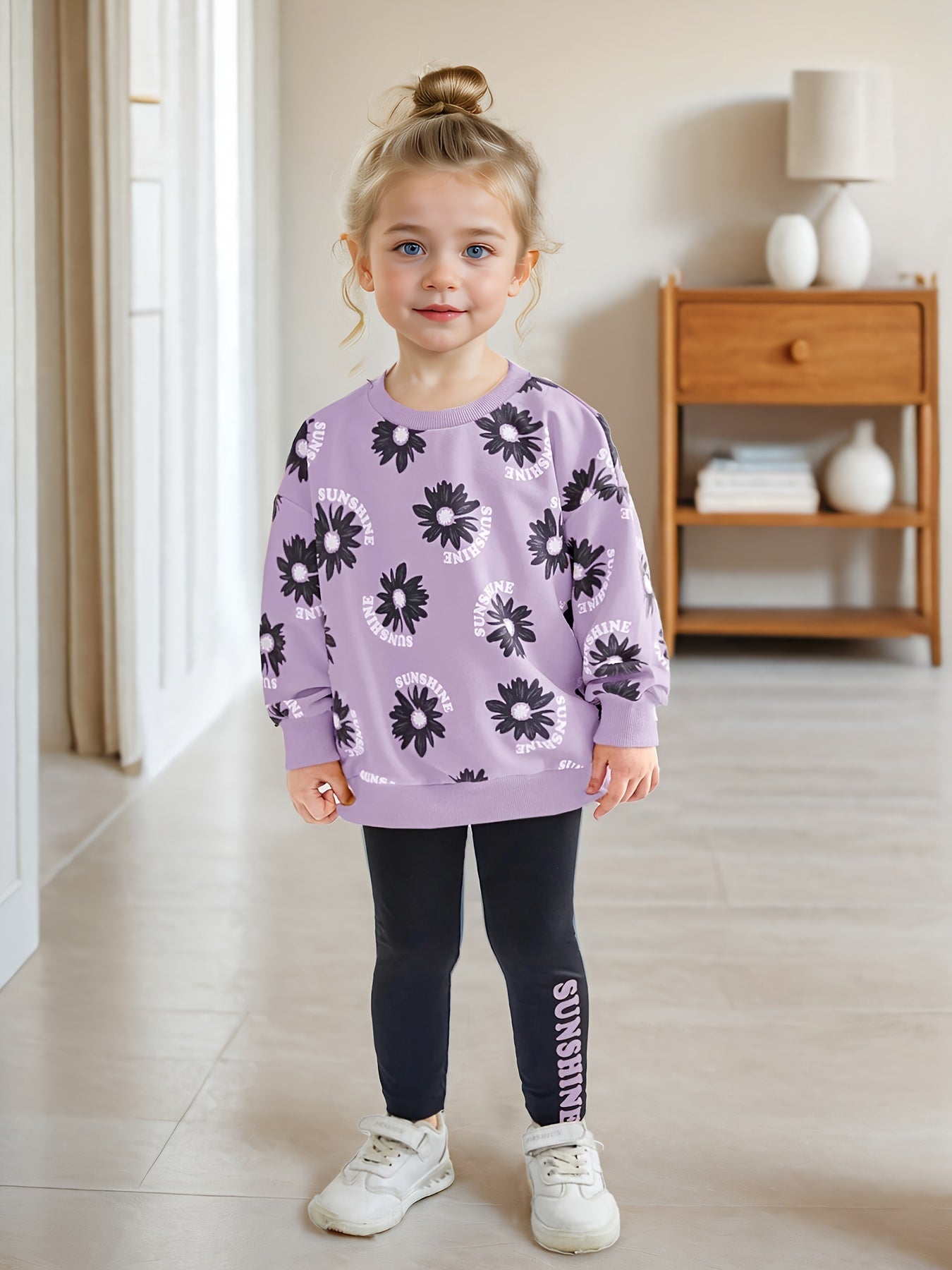 Girls' Floral Print Long Sleeve Hoodie & Leggings Set -