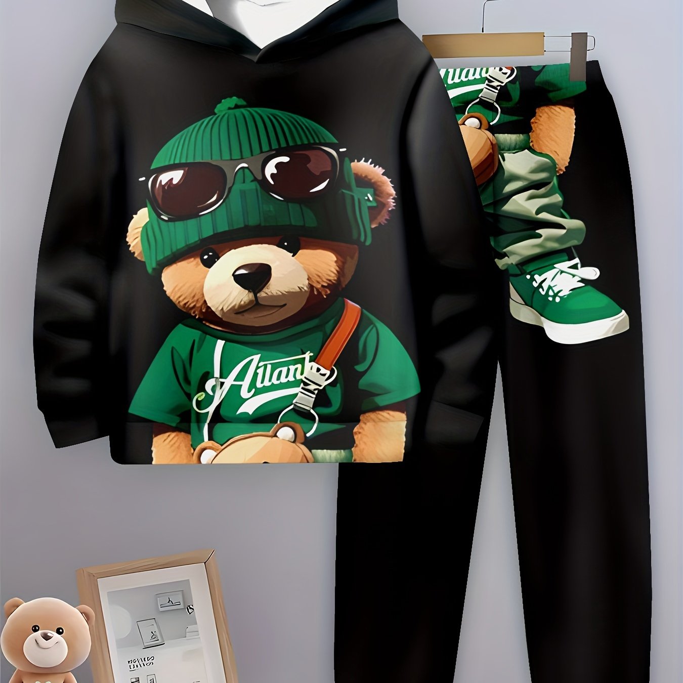 1set Boys' Casual 3D Print Hoodie and Sweatpants Set,