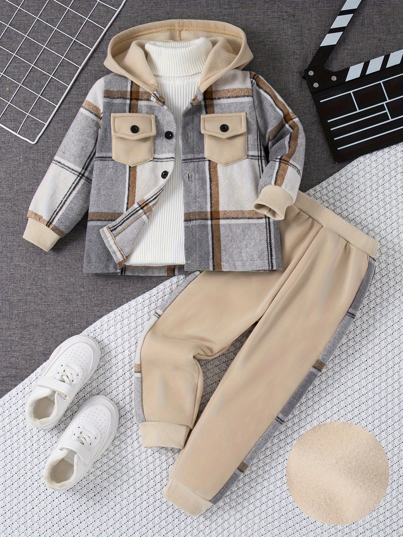 Boys' Casual Plaid Hoodie & Joggers Set -