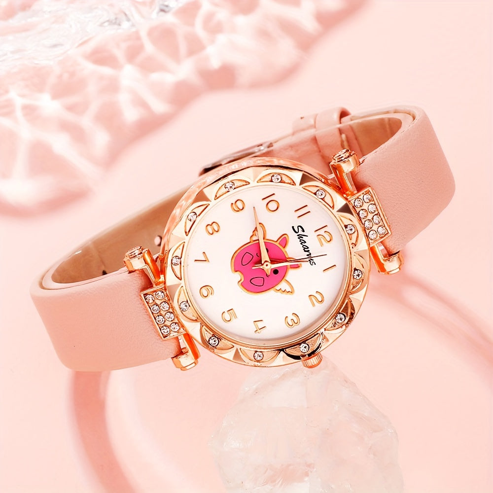 Pink Angel Pig Theme 2pc Watch Set - with Heart Charm