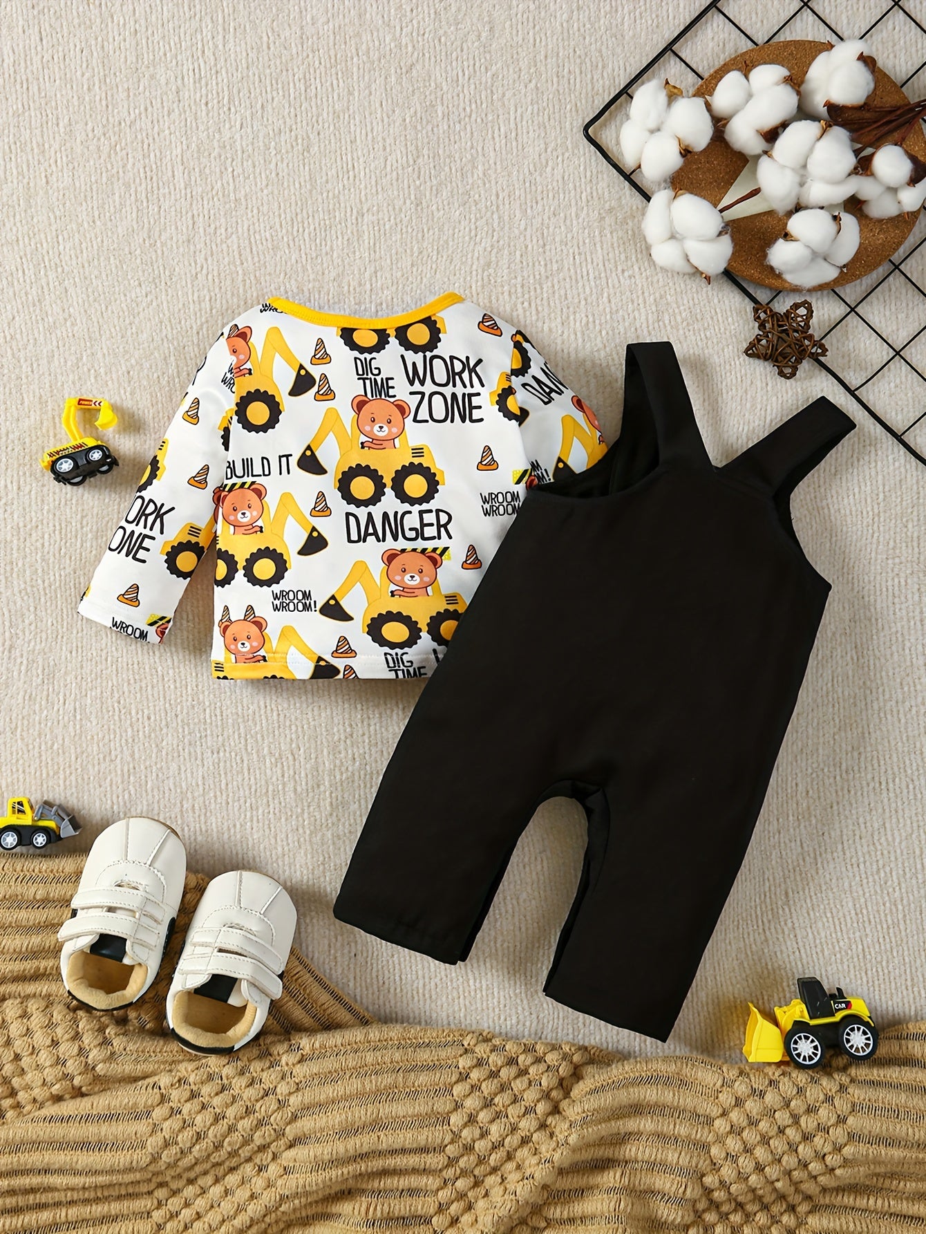 Cartoon Bear On Excavator Embroidery Suspender Pants With Matching Long Sleeve T-shirt,