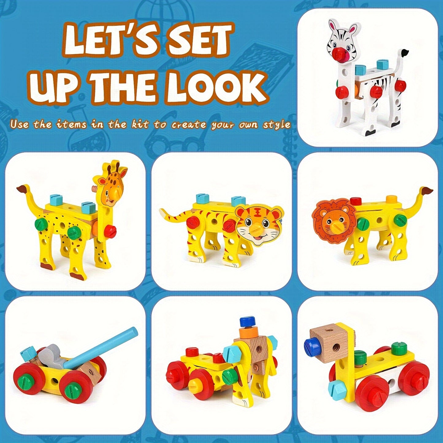 Wooden Kids Tool Kit and DIY Animal Building Block Toy,